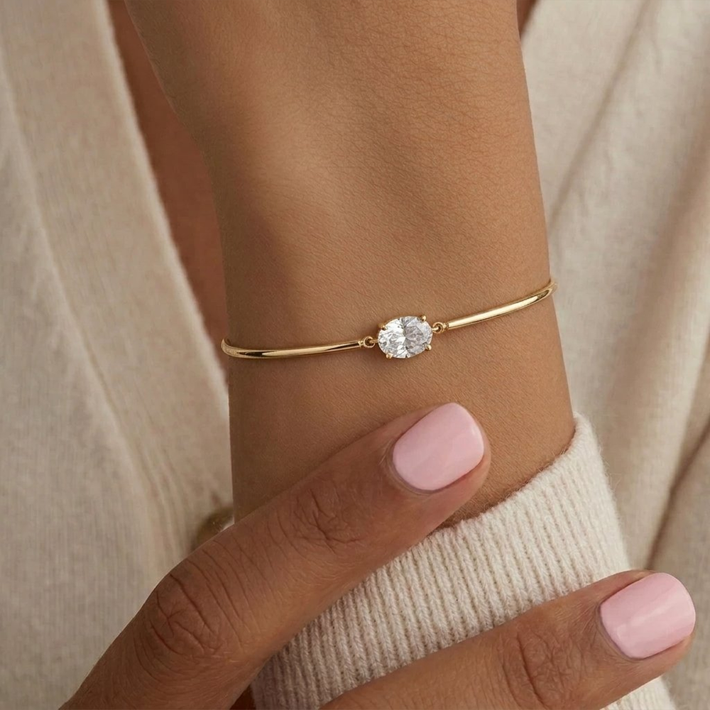 Oval Gemstone Cuff Bracelet - Gold / 6" + 2"