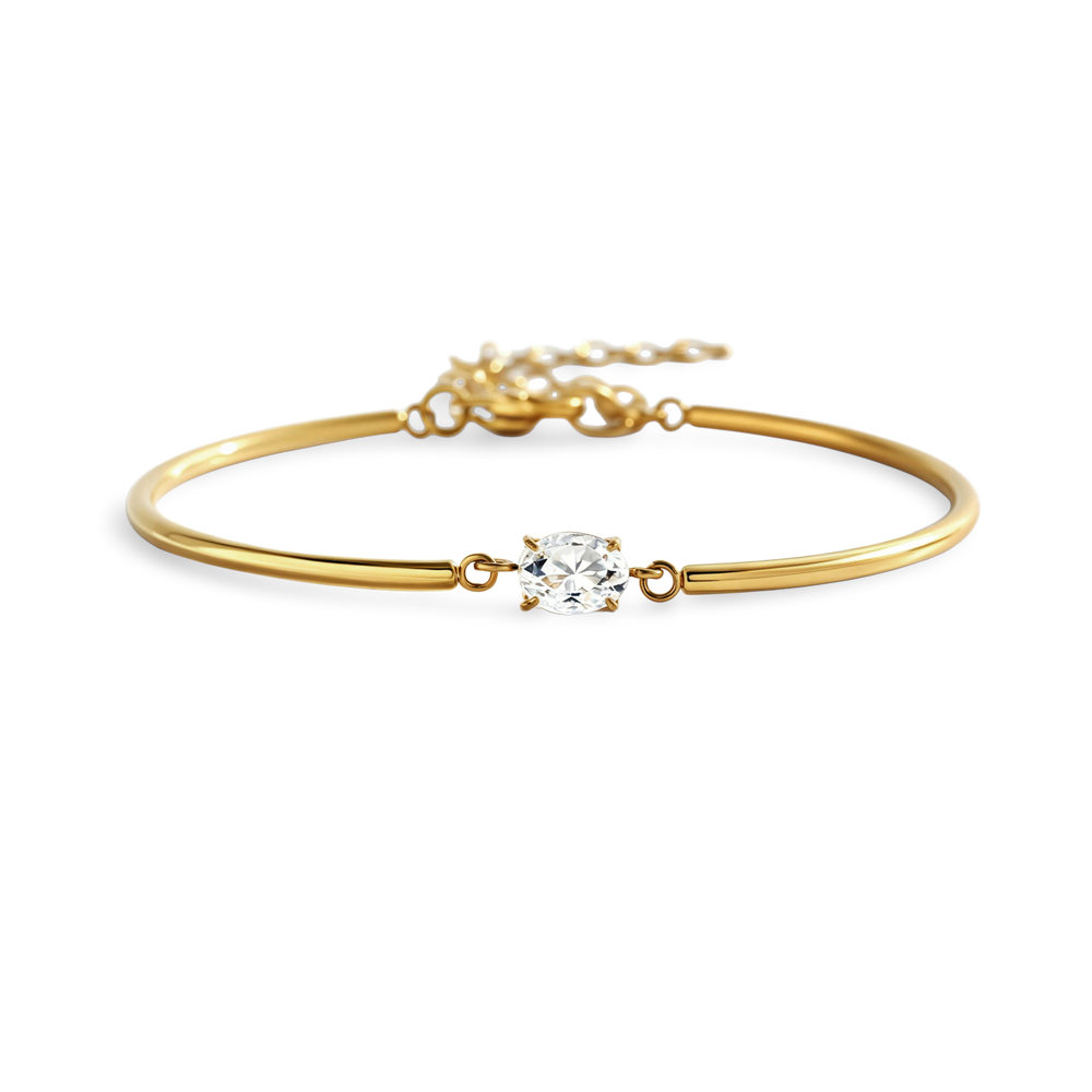 Oval Gemstone Cuff Bracelet - 18k Gold Plated / 6" + 2"