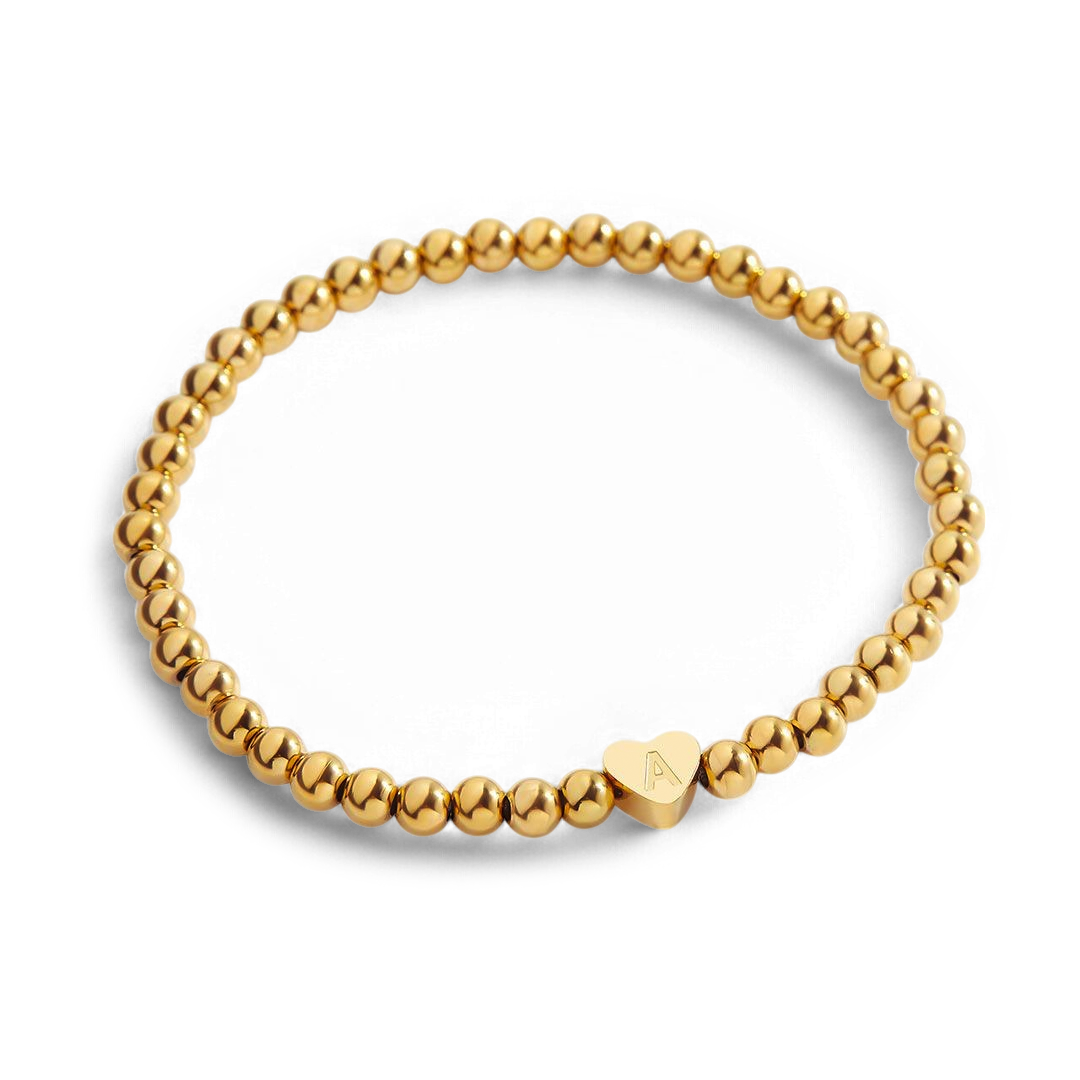 Gold Beaded Bracelet with Heart Initial