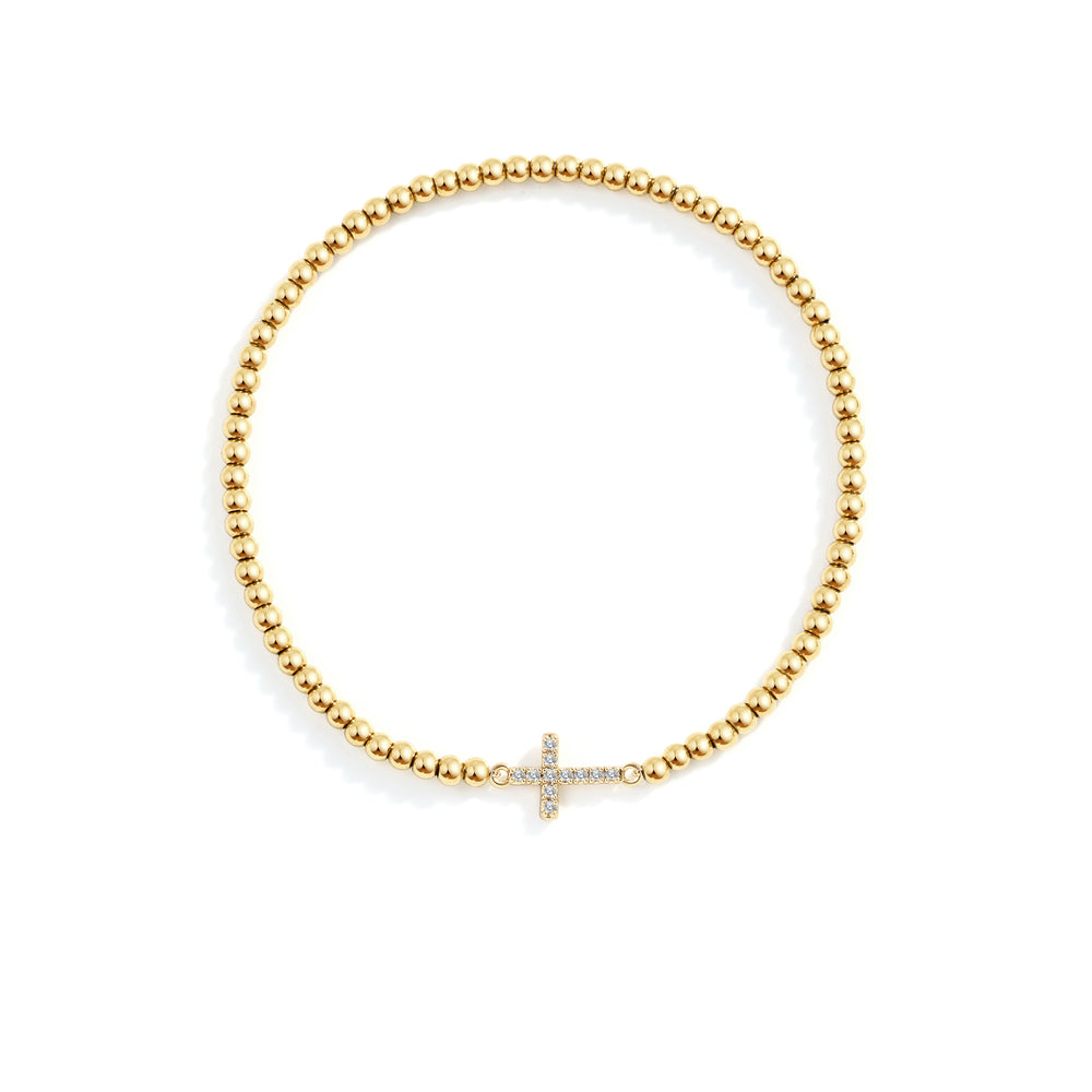 Gold Beaded Cross Stretch Bracelet - Gold / 7"