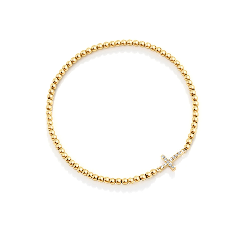Gold Beaded Cross Stretch Bracelet - Gold / 7"