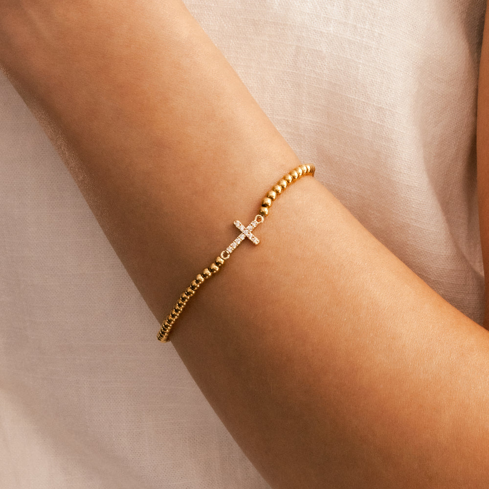 Gold Beaded Cross Stretch Bracelet - Gold / 7"