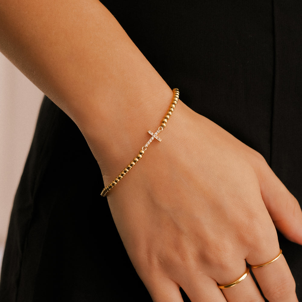 Gold Beaded Cross Stretch Bracelet - Gold / 7"