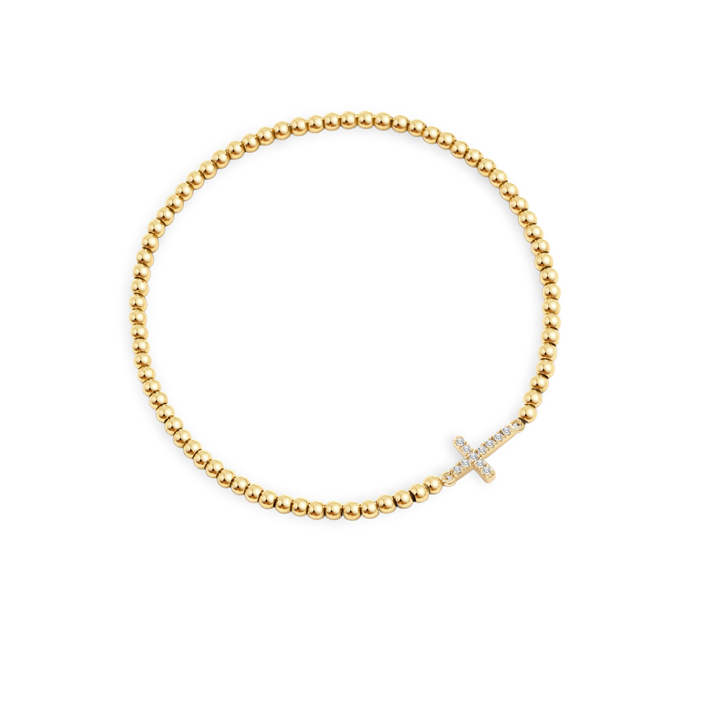 Gold Beaded Cross Stretch Bracelet - 18k Gold Plated / 7"