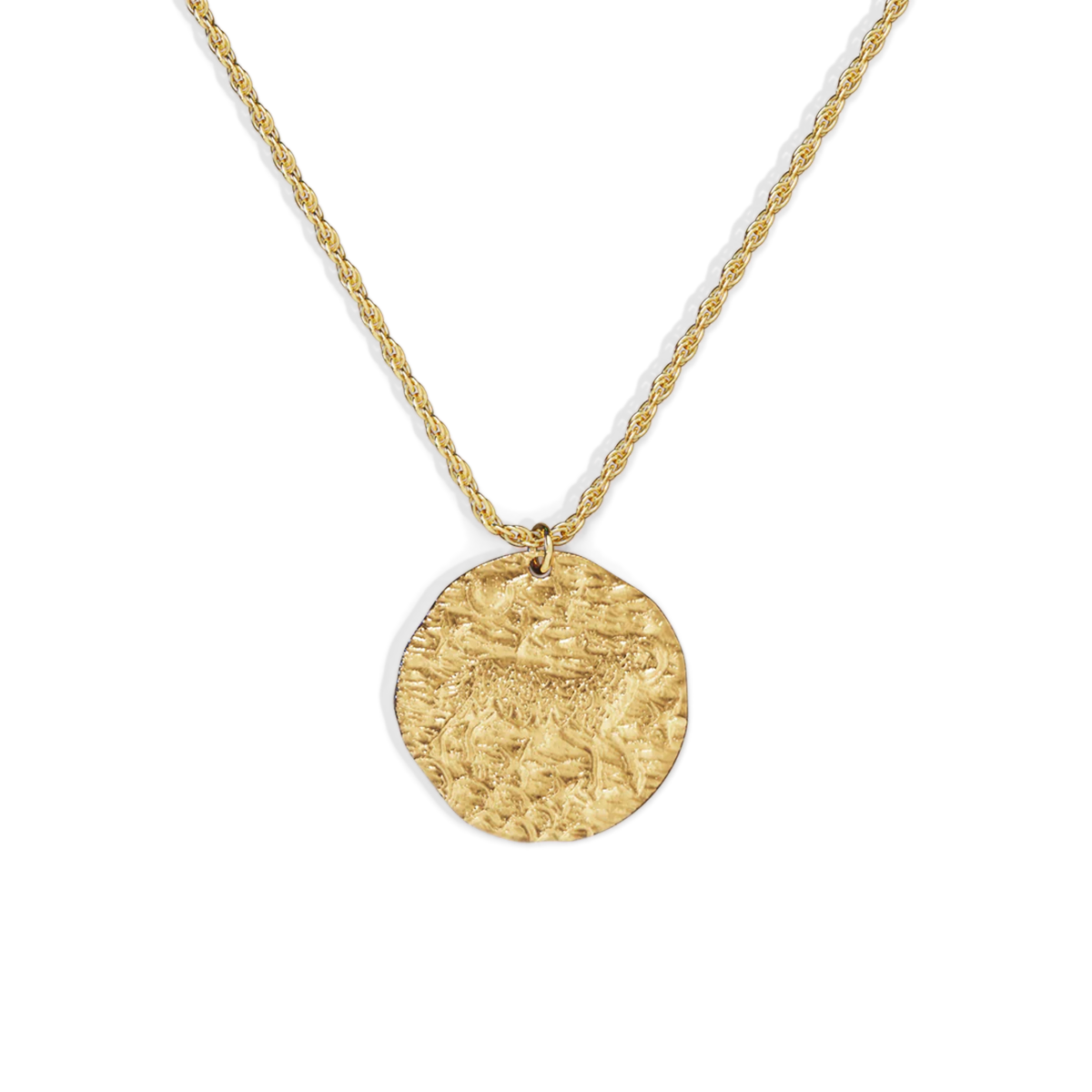 A gold-colored zodiac pendant necklace with a hammered texture and a chain link.