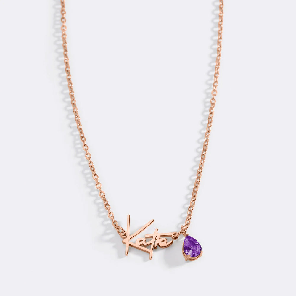 Handmade Birthstone Name Necklace - 18k Rose Gold Plated / February Amethyst / 18" + 2"