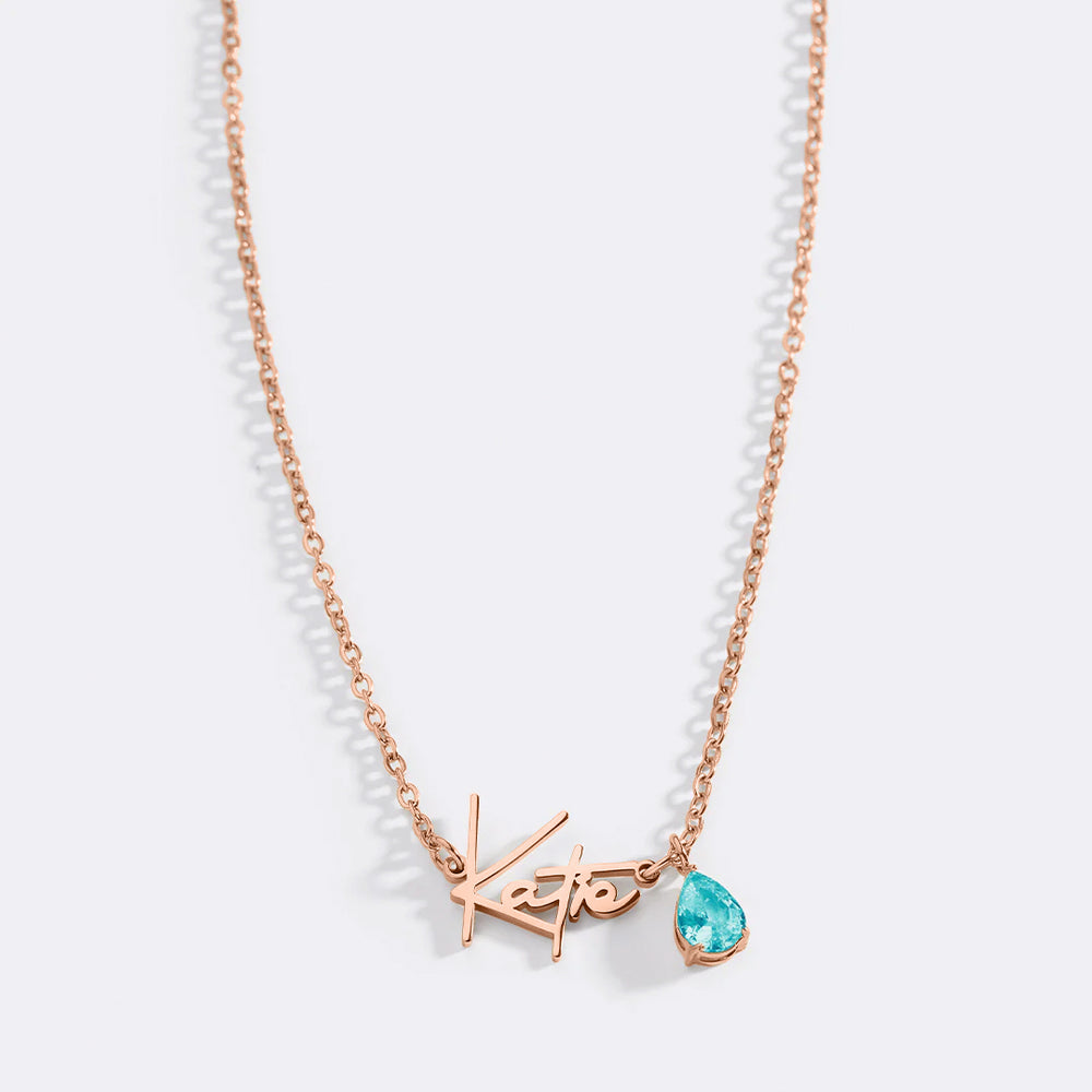 Handmade Birthstone Name Necklace - 18k Rose Gold Plated / March Aquamarine / 18" + 2"
