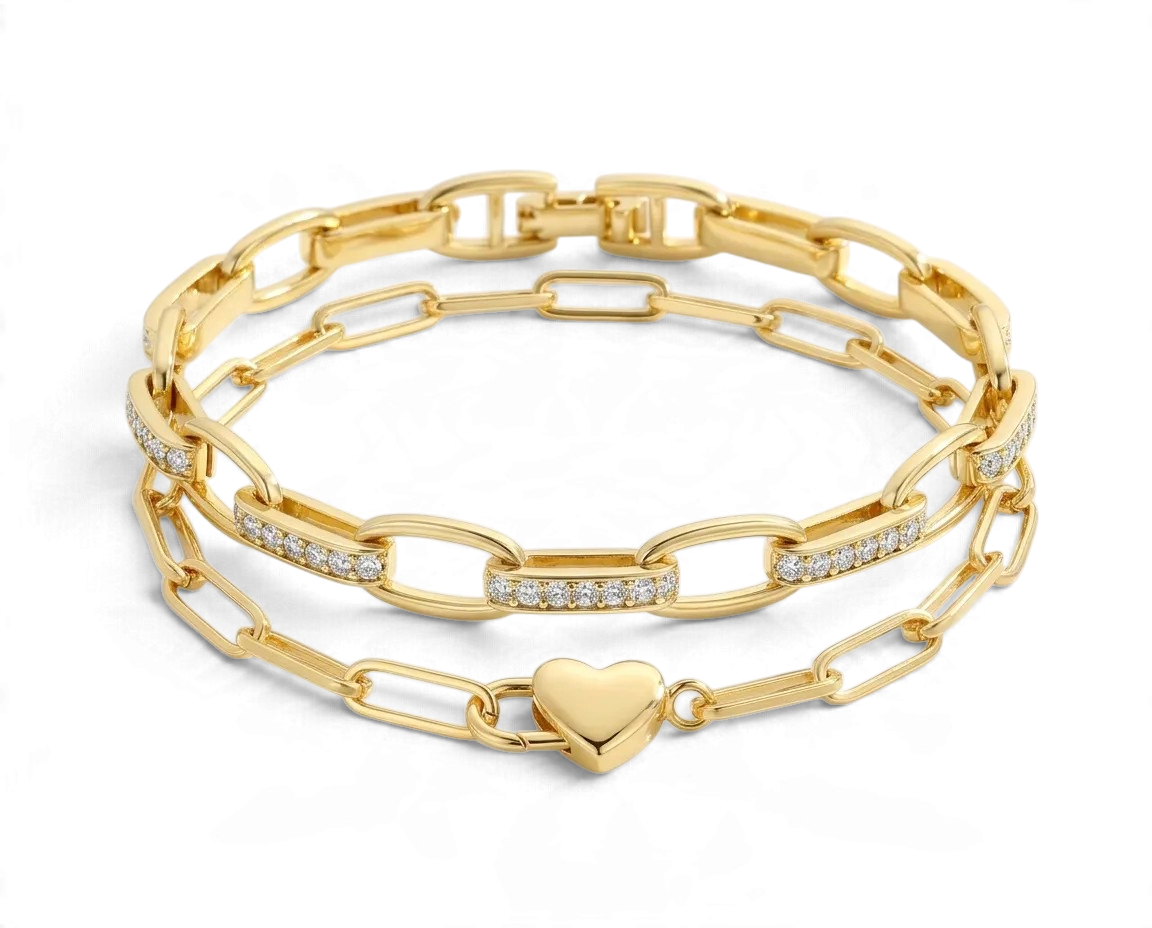 Heart Padlock & Interlinked Diamond Bracelet Stack