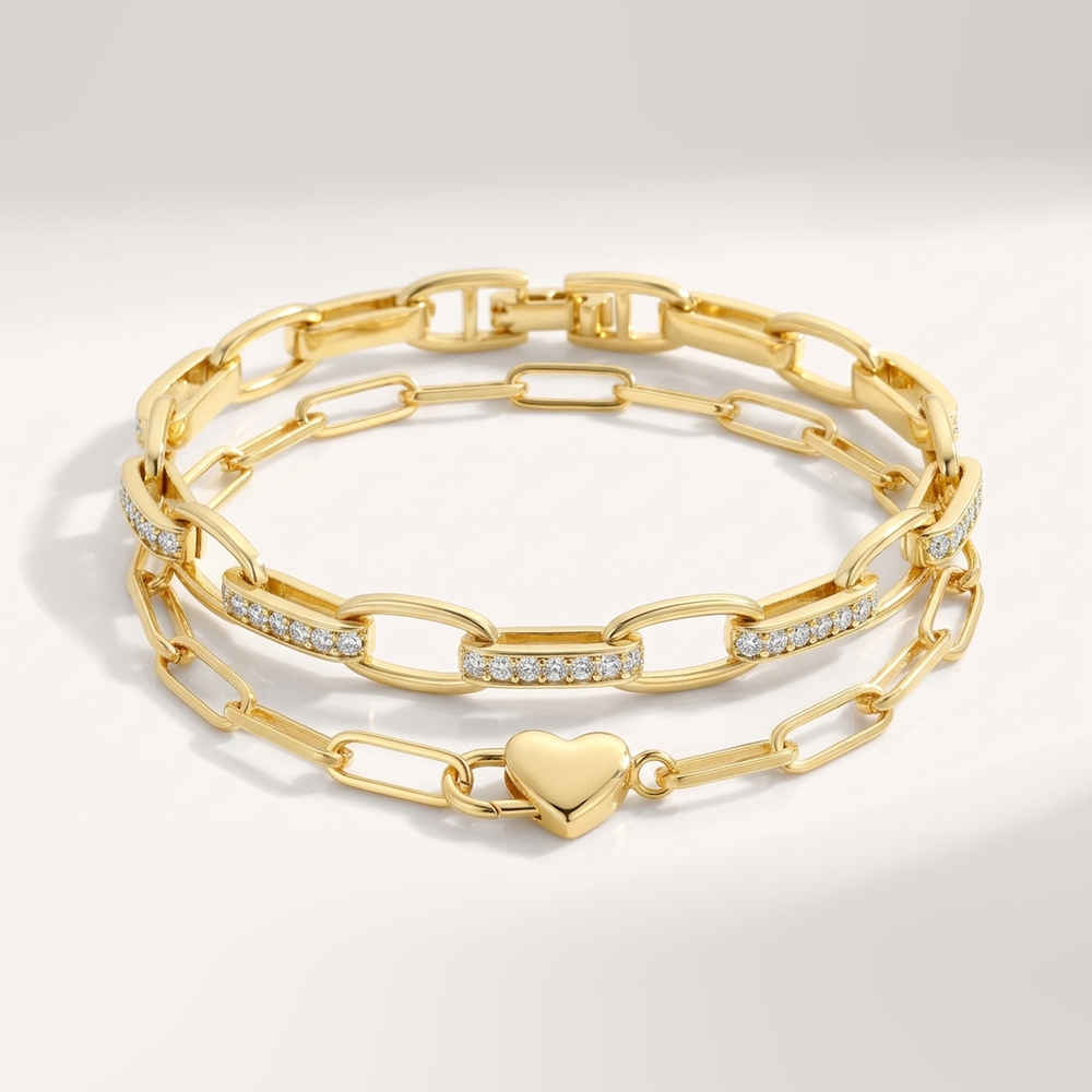 Gold Heart Padlock Bracelet stacked with the Interlinked Diamond Paperclip Bracelet