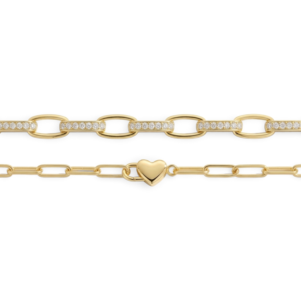 Flat lay of the gold Heart Padlock Bracelet and Interlinked Diamond Paperclip Bracelet