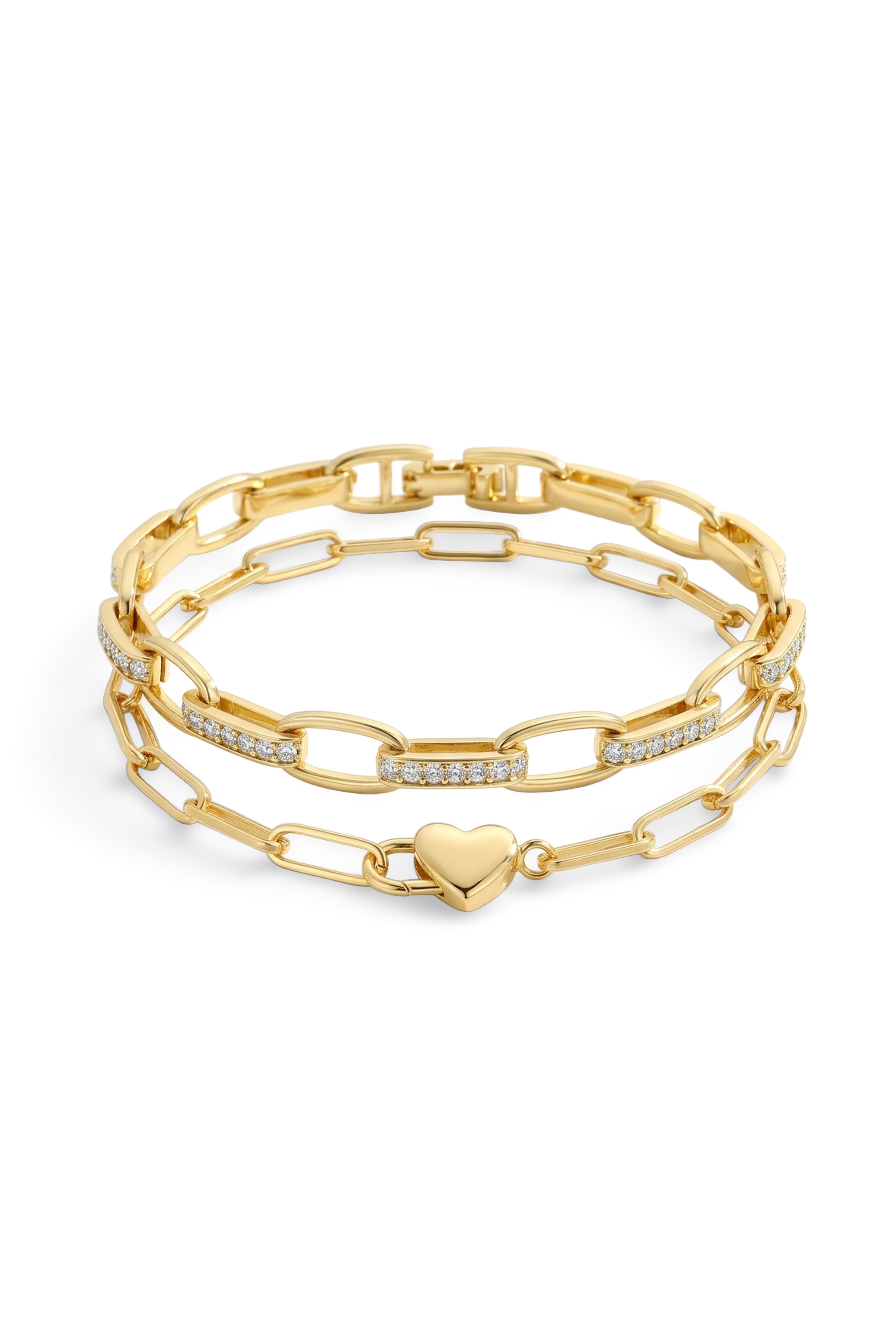 Gold Heart Padlock Bracelet stacked with the Interlinked Diamond Paperclip Bracelet