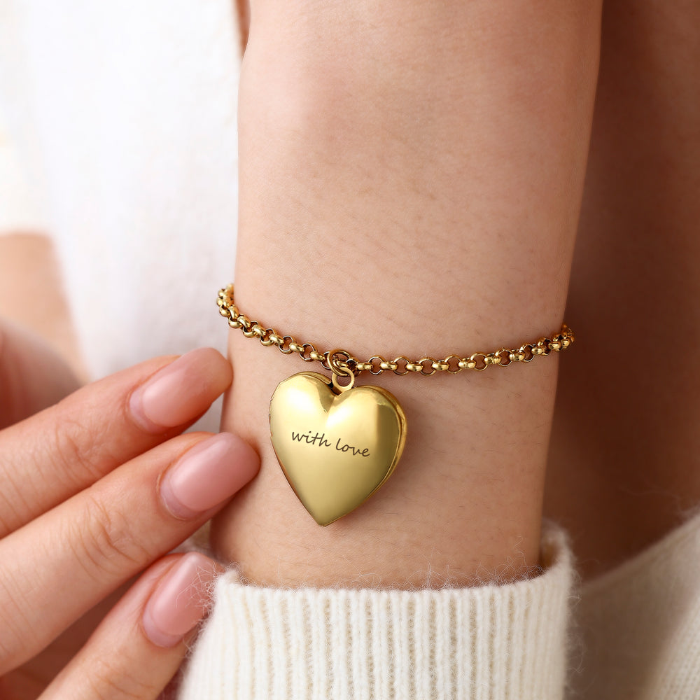 Heart Photo Locket Bracelet with Engraving - Gold / 7" + 2"