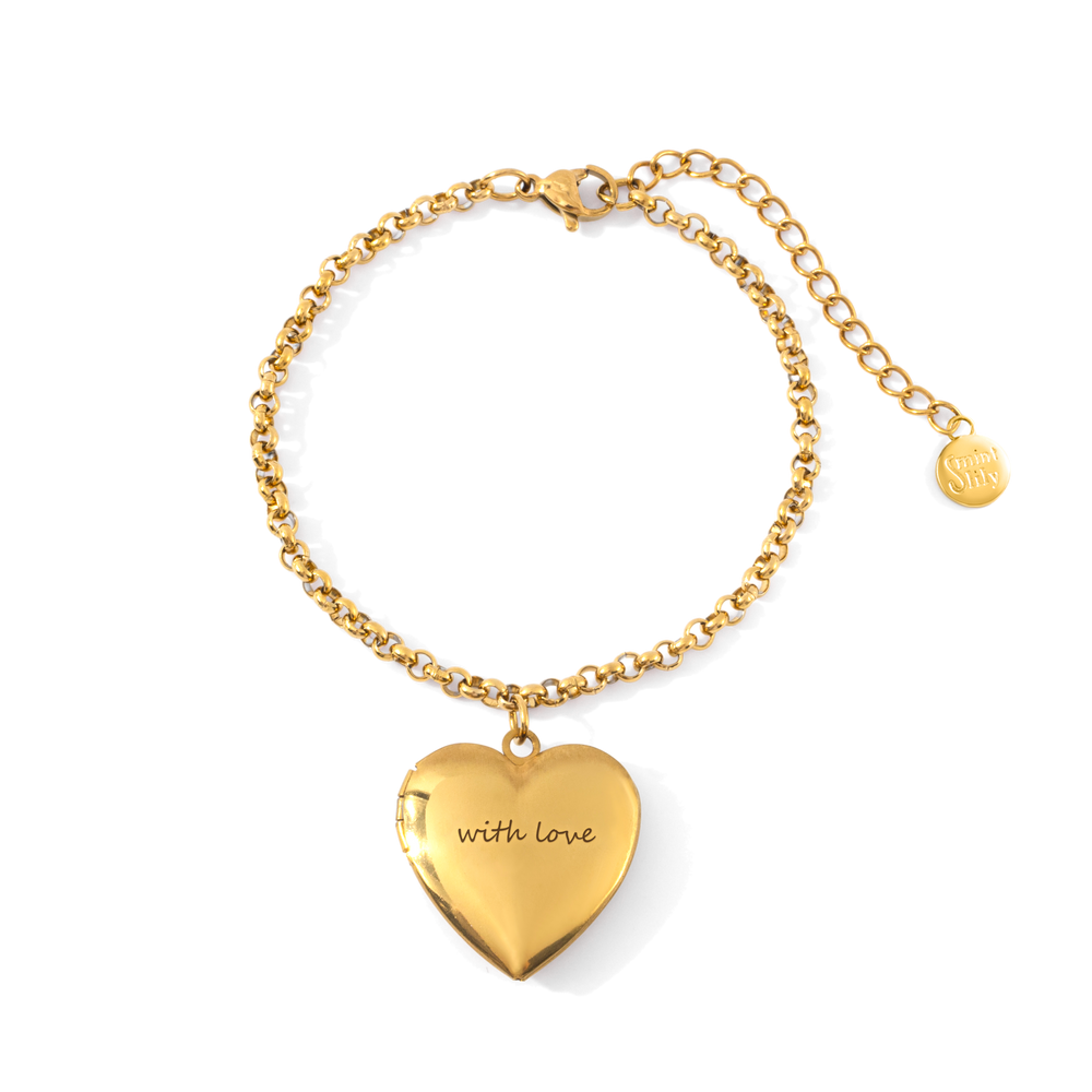 Heart Photo Locket Bracelet with Engraving - 18k Gold Plated / 7" + 2"