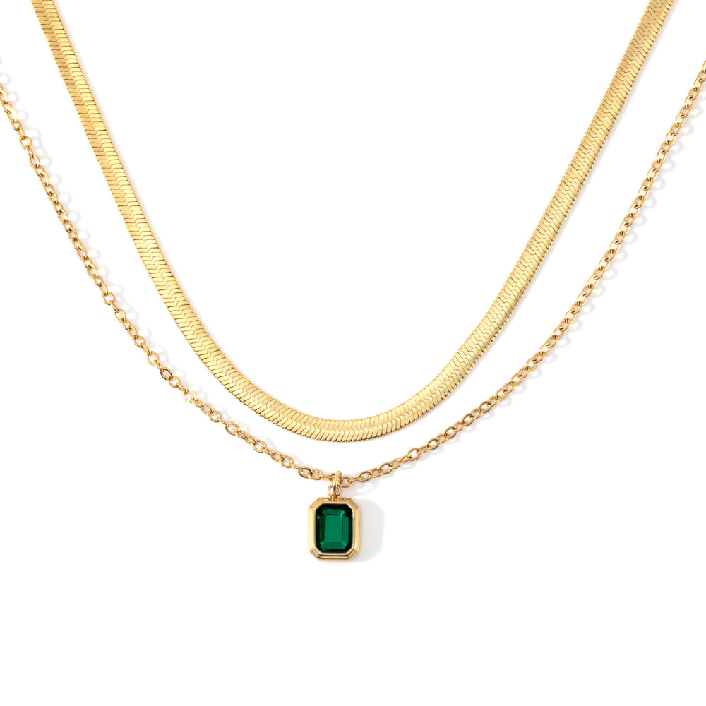 Herringbone & Emerald Shape Necklace Bundle - 18k Gold Over Sterling Silver / January Garnet