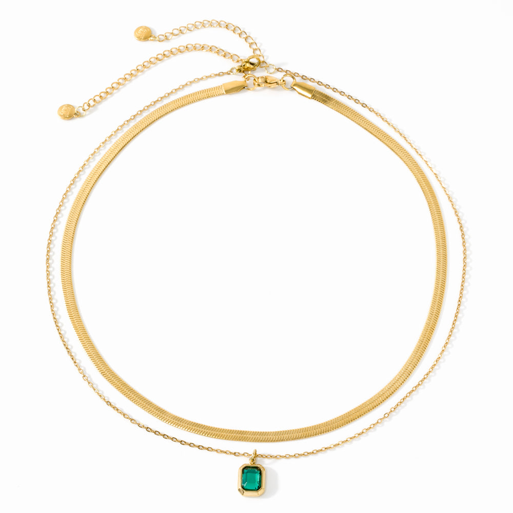 Herringbone & Emerald Shape Necklace Bundle - 18k Gold Over Sterling Silver / January Garnet