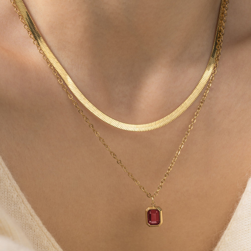 Herringbone & Emerald Shape Necklace Bundle - 18k Gold Over Sterling Silver / January Garnet