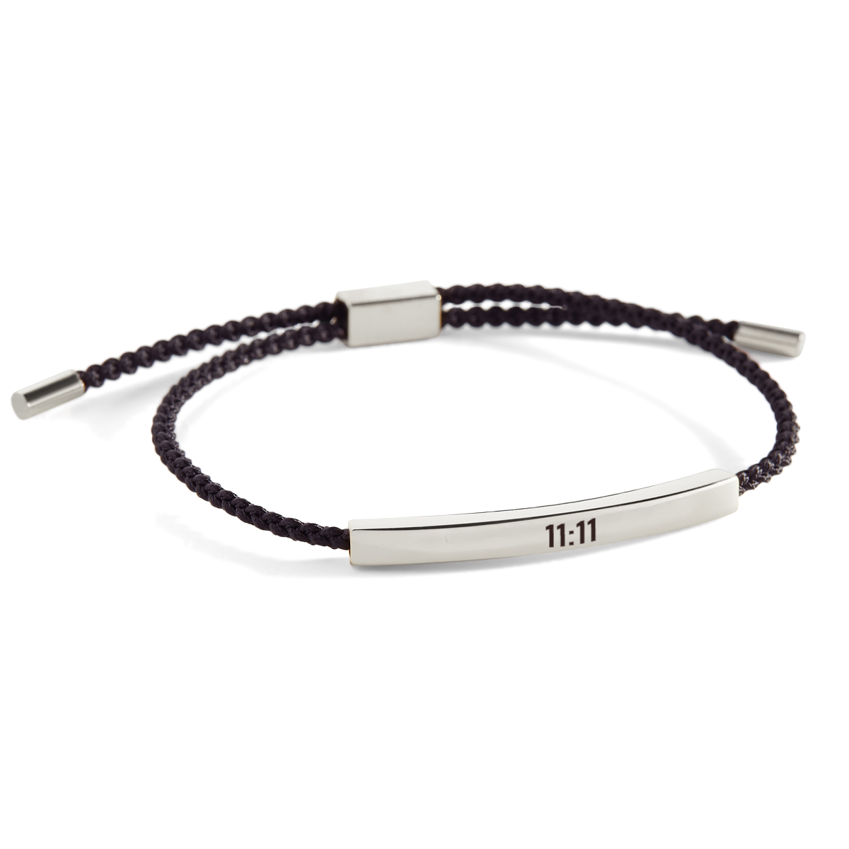 A silver braided bracelet with a sleek metal tube charm displaying the time '11:11', set against a white background.