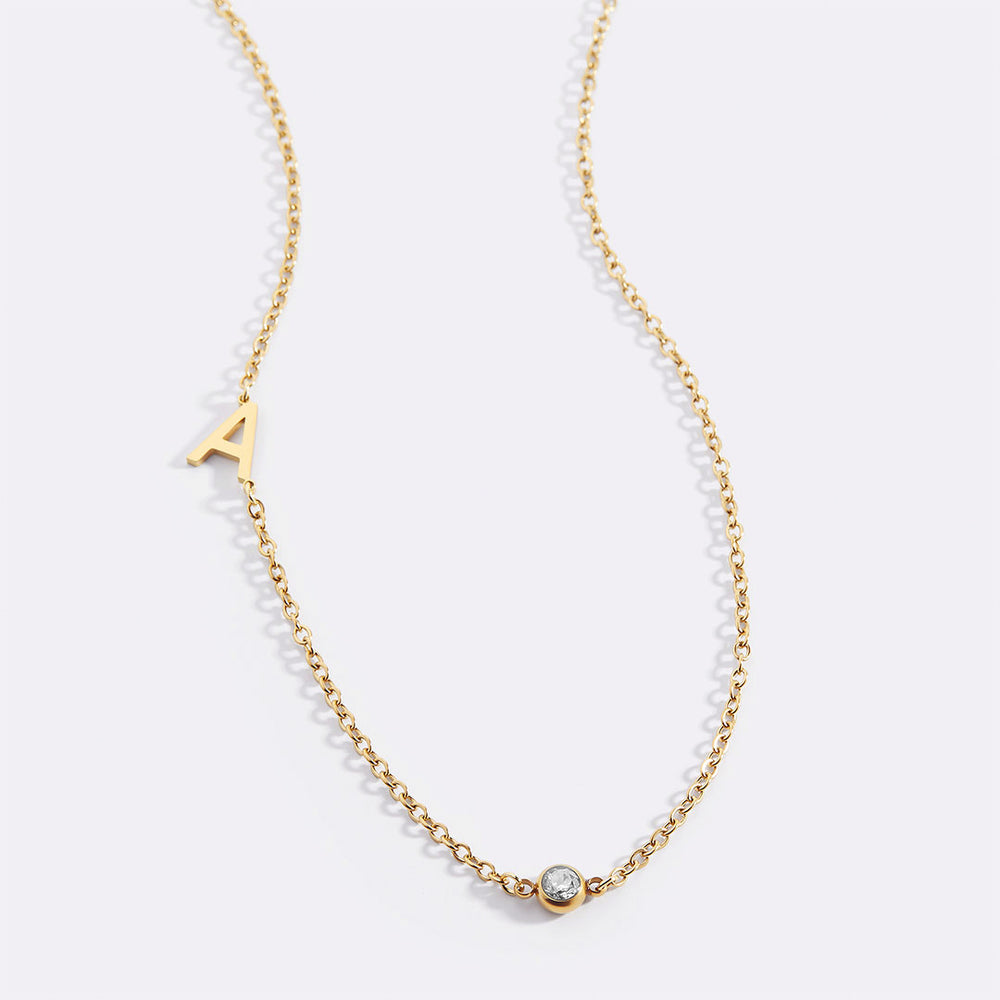 Initial Necklace with Birthstone Accent - Gold / April Diamond