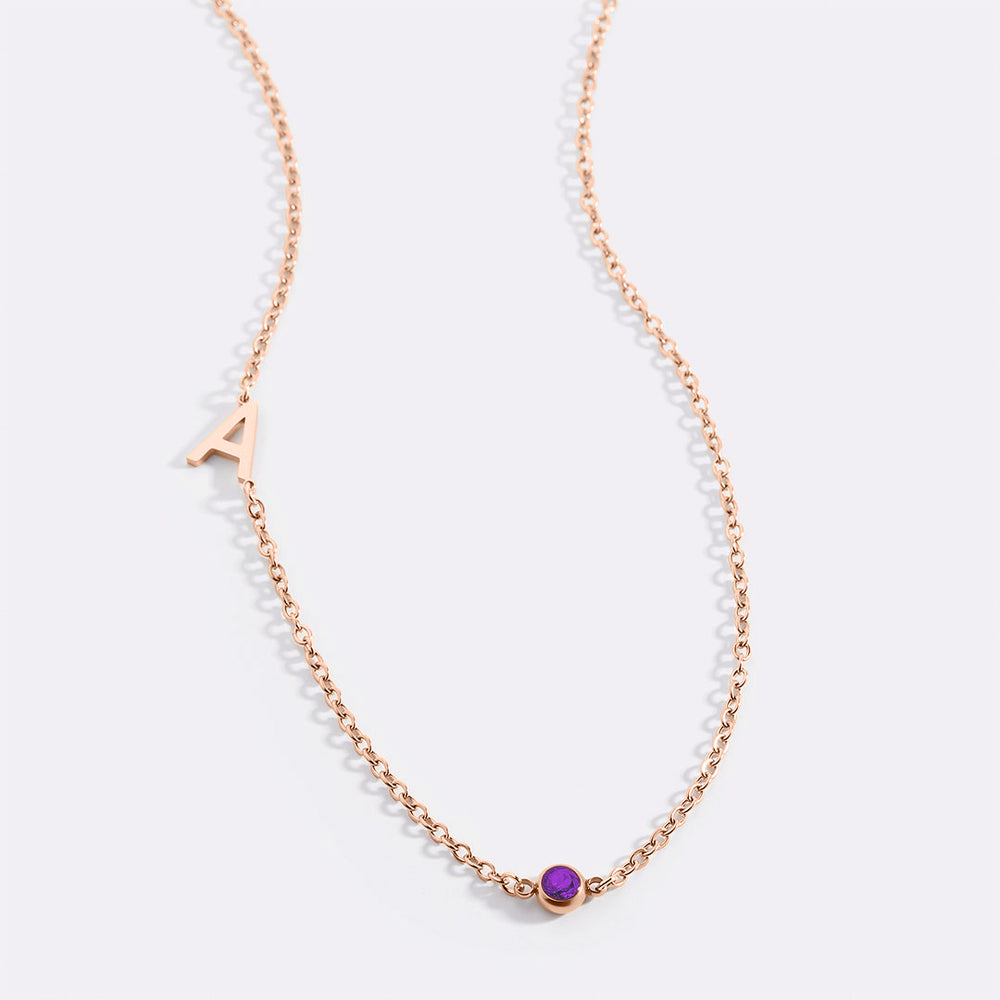Initial Necklace with Birthstone Accent - 18k Rose Gold Plated / February Amethyst