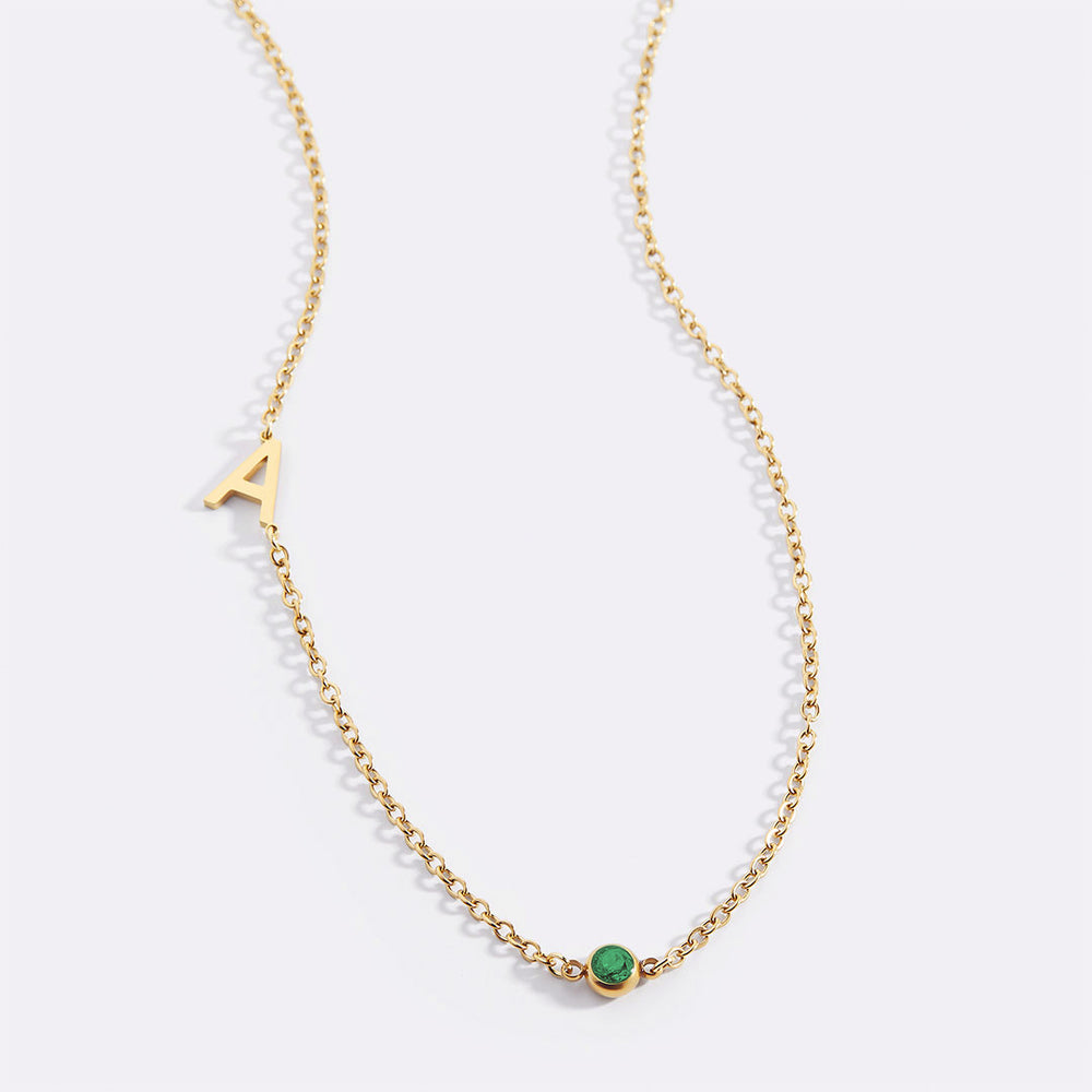 Initial Necklace with Birthstone Accent - Gold / May Emerald