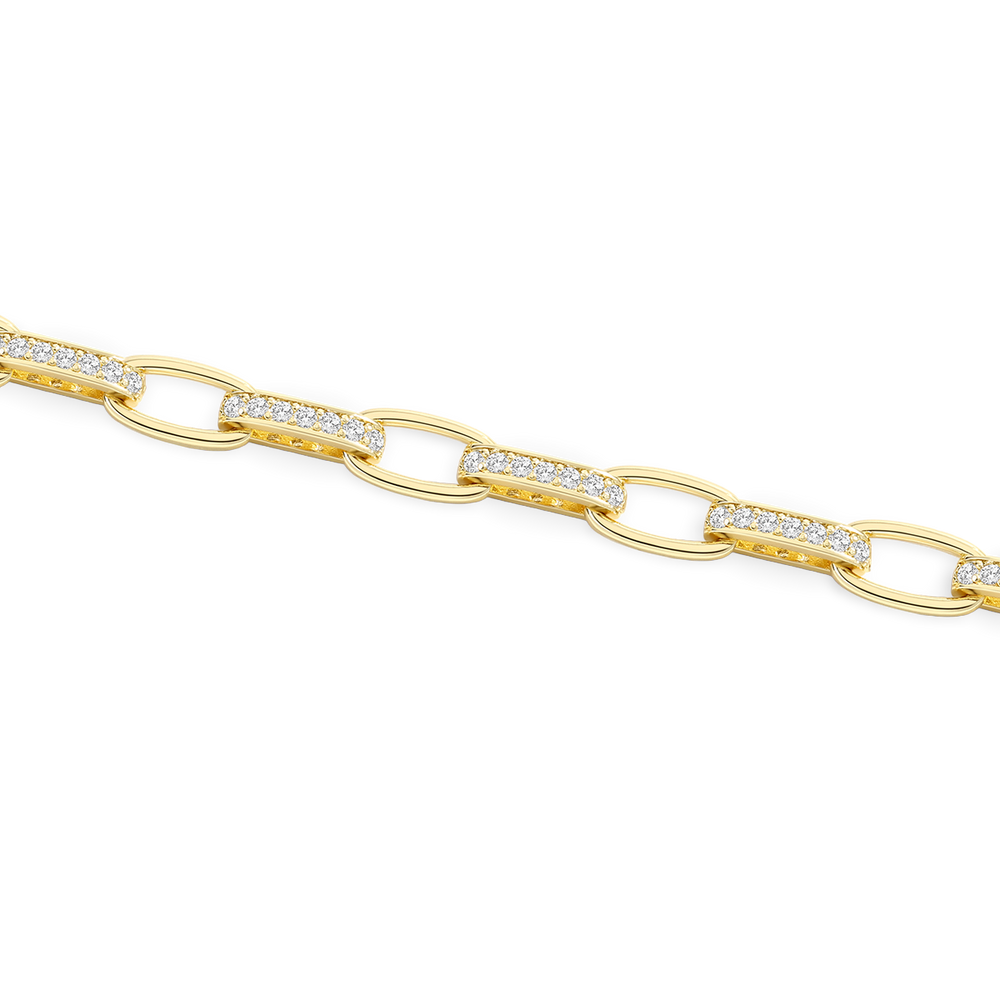 Gold chain bracelet with diamond accents on a white background