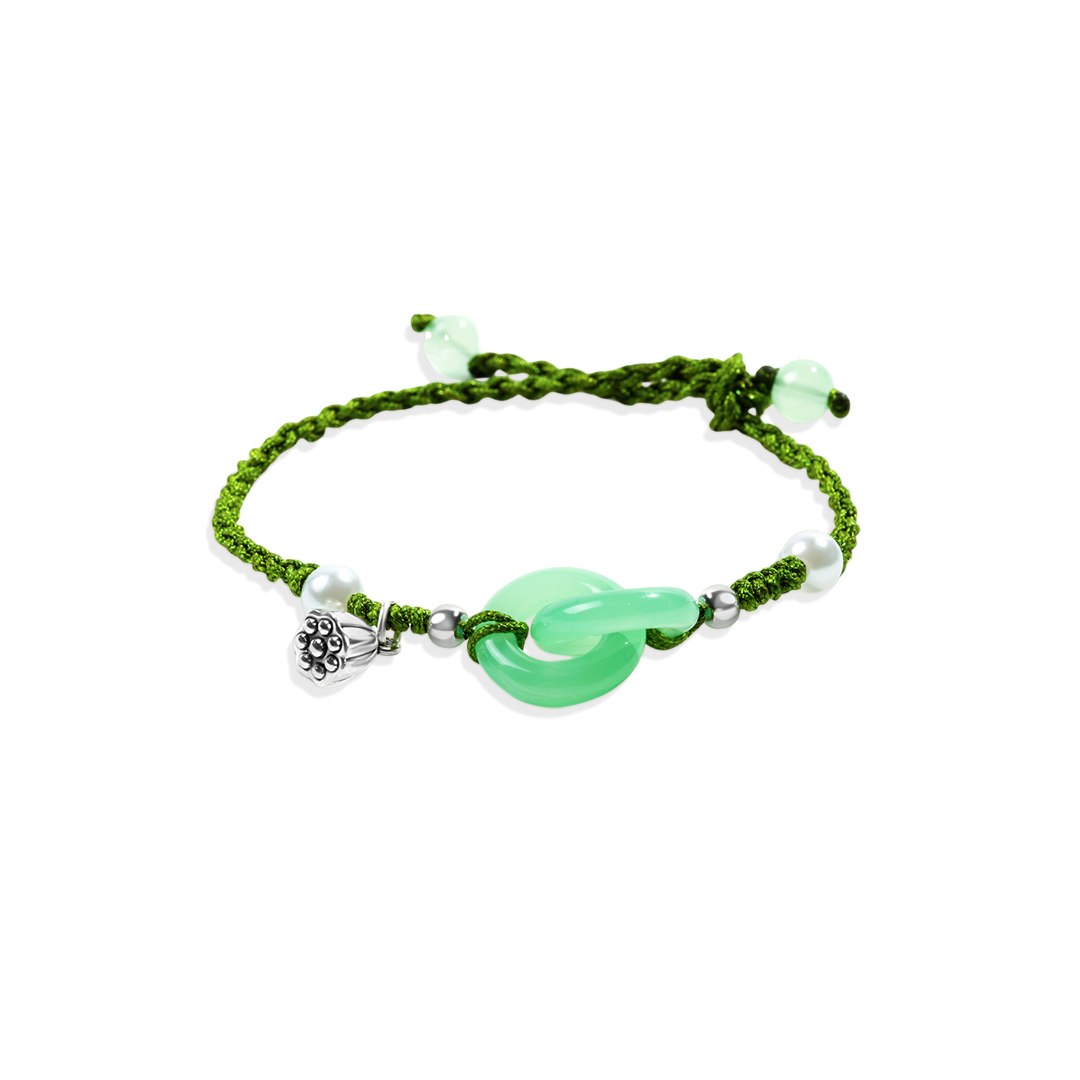 Jade Pearl & Lotus Prosperity String Bracelet