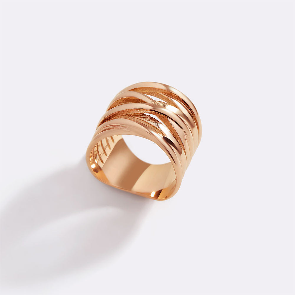 Rose gold ring with a textured design on a white background