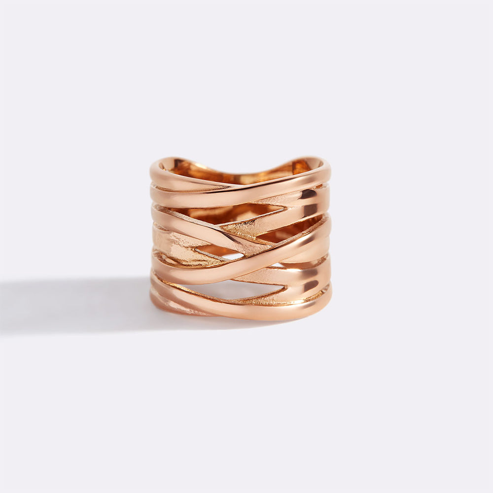 Rose gold ring with a textured design on a white background