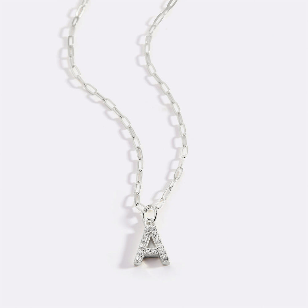 Sterling Silver Pavé Uppercase Initial Necklace - A / Paperclip Chain