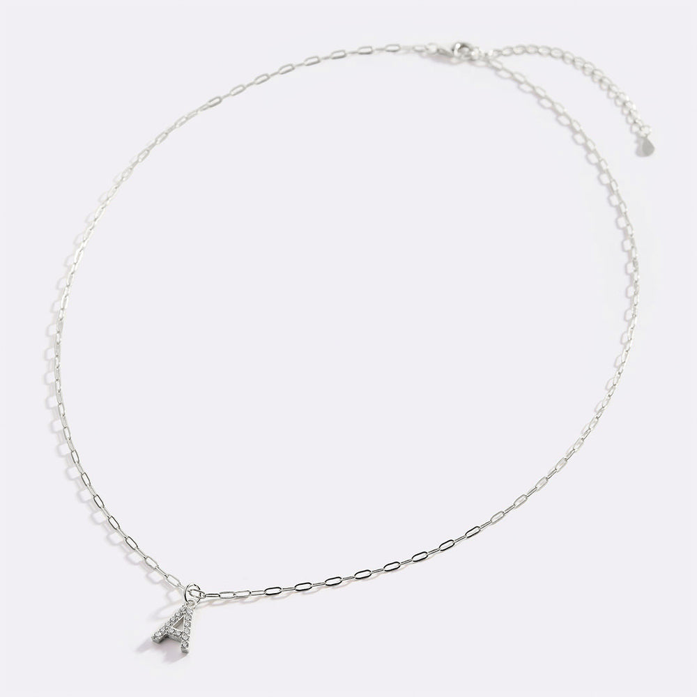 Sterling Silver Pavé Uppercase Initial Necklace - A / Paperclip Chain