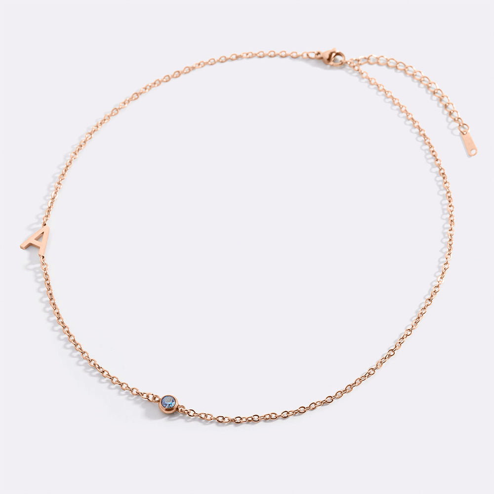 Initial Necklace with Birthstone Accent - 18k Rose Gold Plated / June Alexandrite