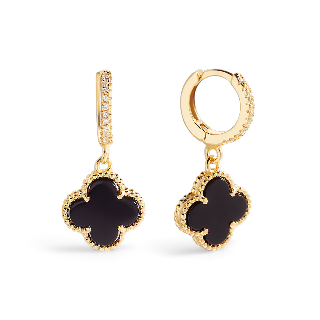 Gold and black earrings on a white background