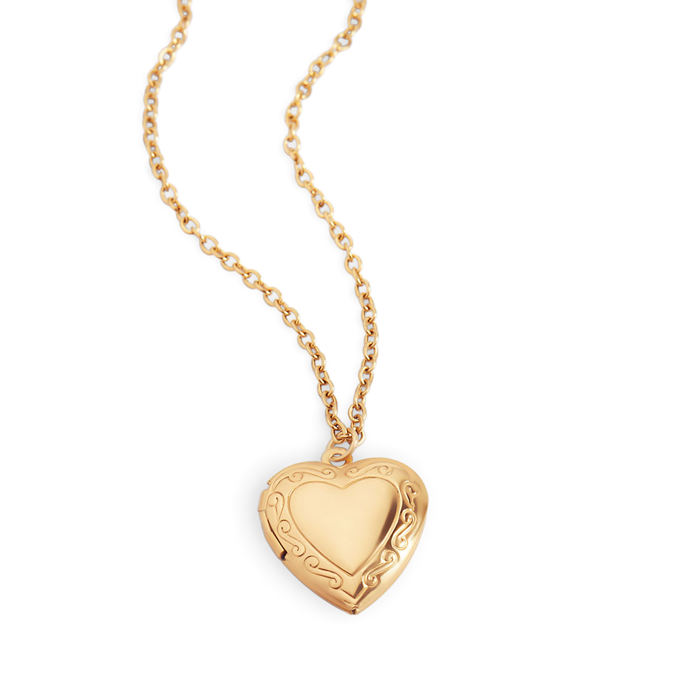 Gold heart-shaped locket necklace on a white background.