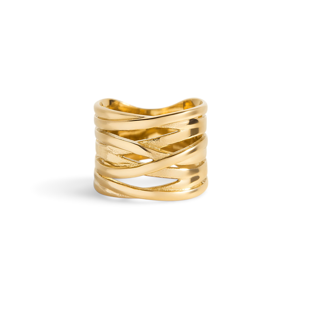 Gold ring with a textured design on a white background