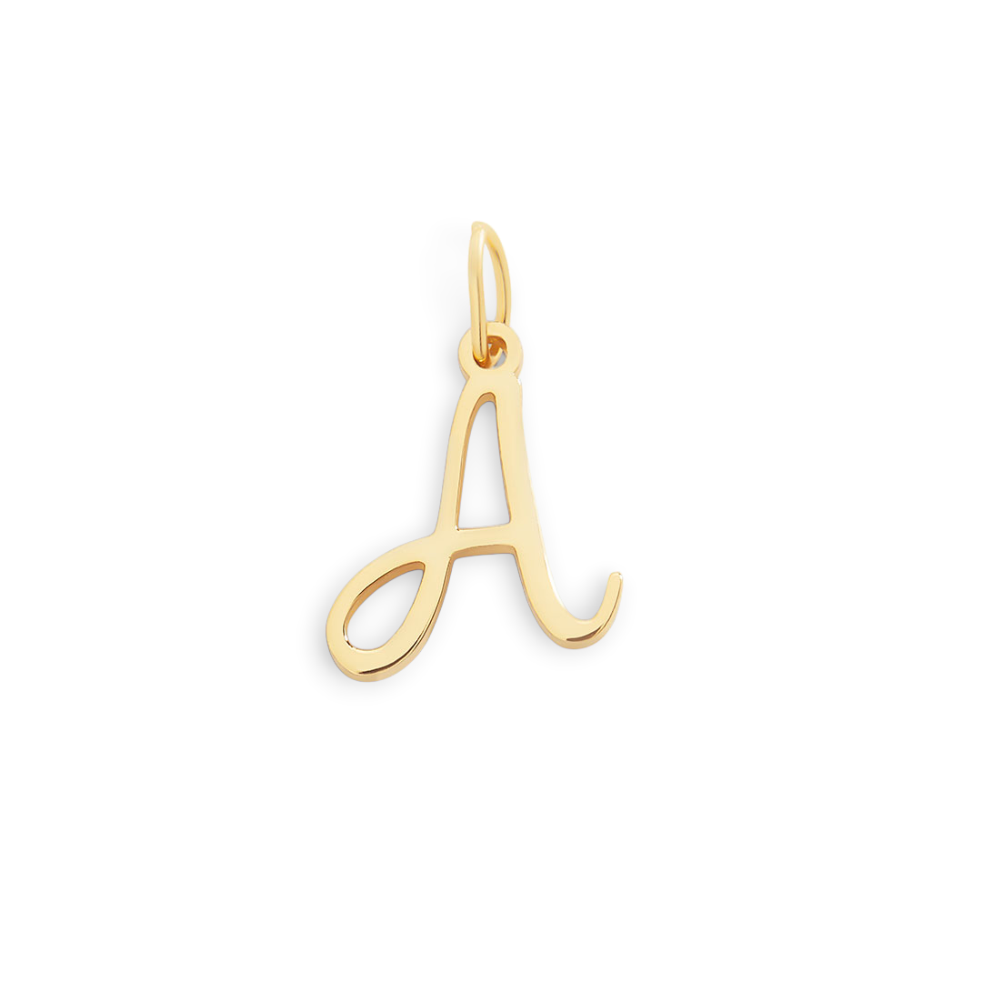 Gold pendant with the letter 'A' on a light gray background