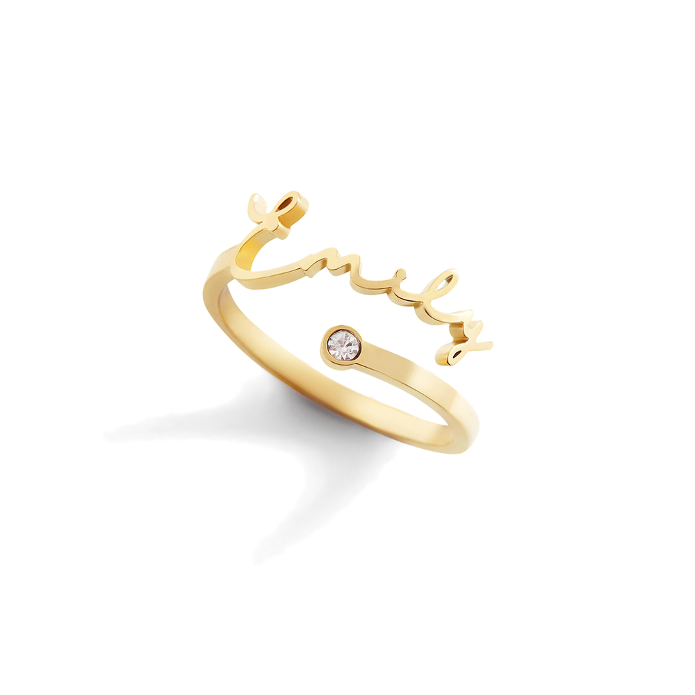 A gold-colored ring with a twist design and a central birthstone