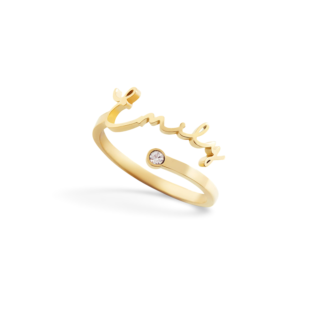 A gold-colored ring with a twist design and a central birthstone