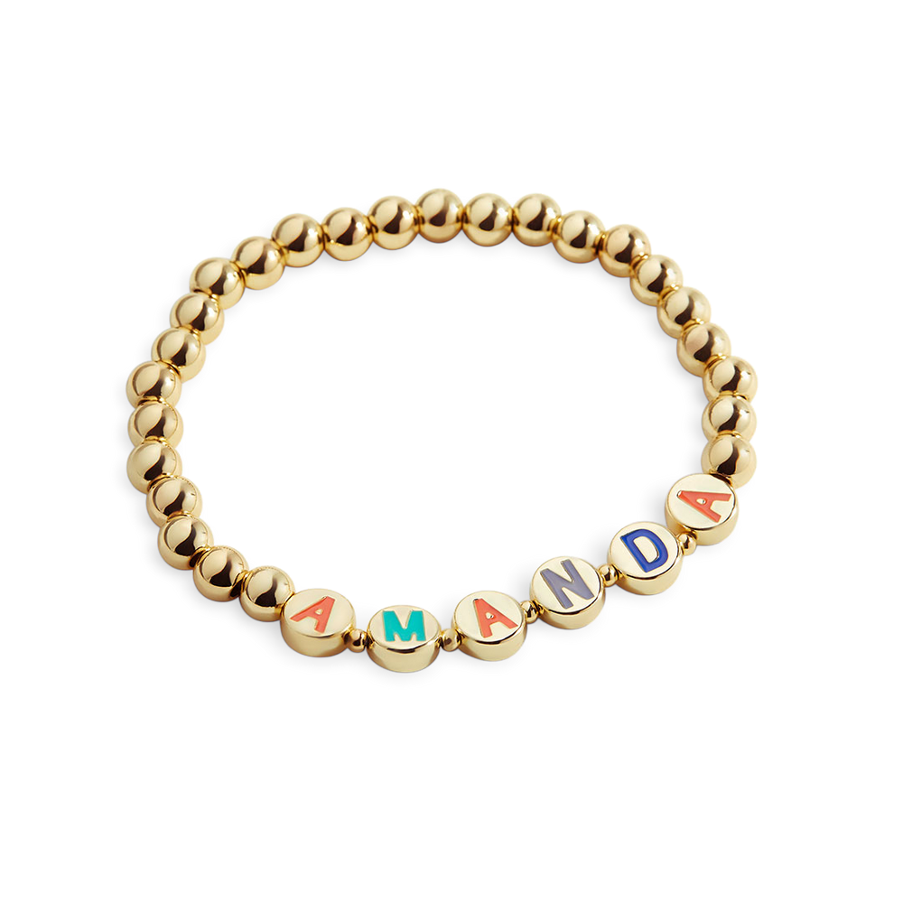 Custom Rainbow Letter Gold Disc Beaded Bracelet - Small - 6.5"
