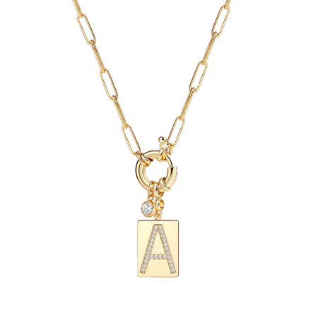 Pave Initial Charm Pearl Paperclip Chain Necklace M