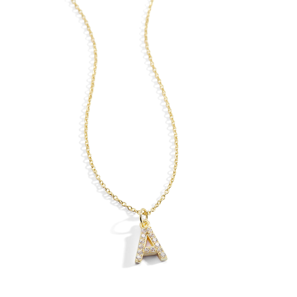 Gold Pavé Uppercase Initial Necklace - Cable Chain / A