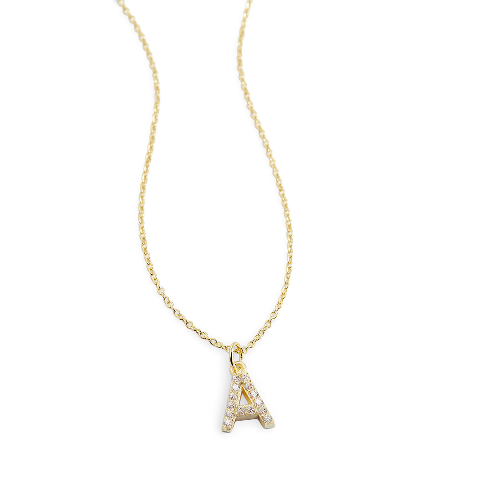 Pavé Uppercase Initial Necklace - 18k Gold Plated / A
