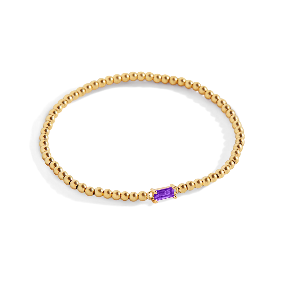 Beaded Birthstone Bracelet - Gold / February Amethyst / 7"