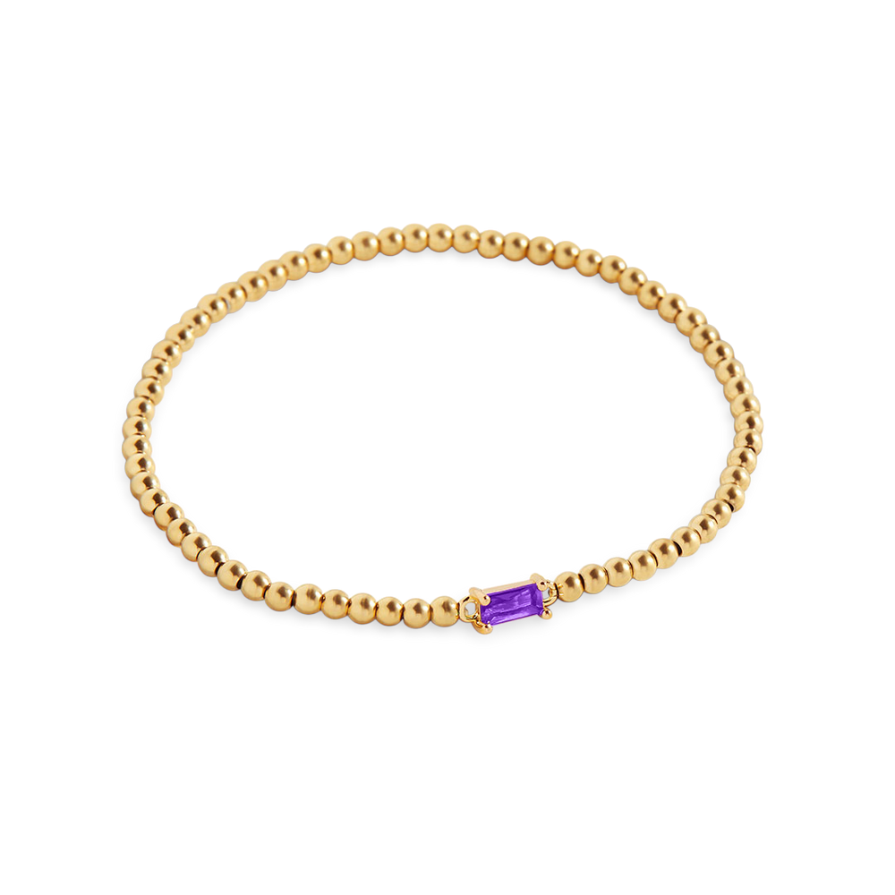 Beaded Birthstone Bracelet - Gold / February Amethyst / 7"