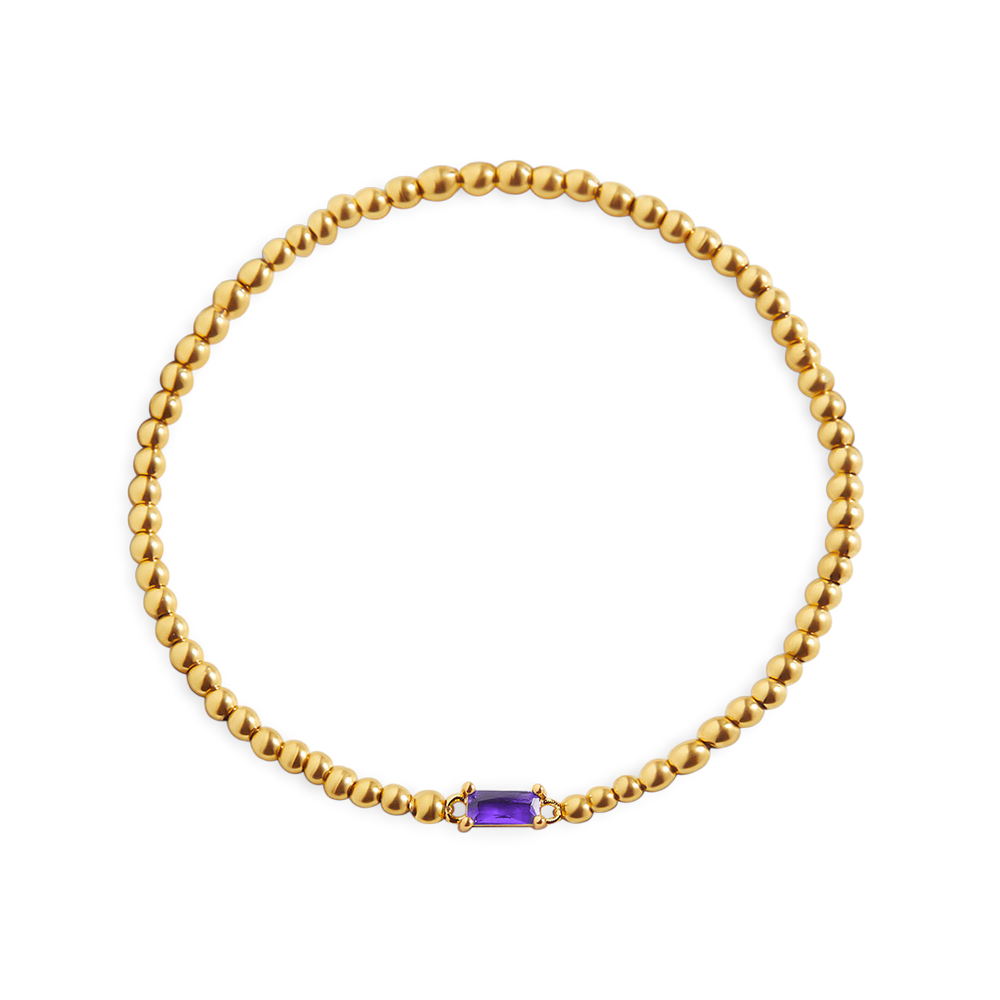 Beaded Birthstone Bracelet - Gold / February Amethyst / 7"