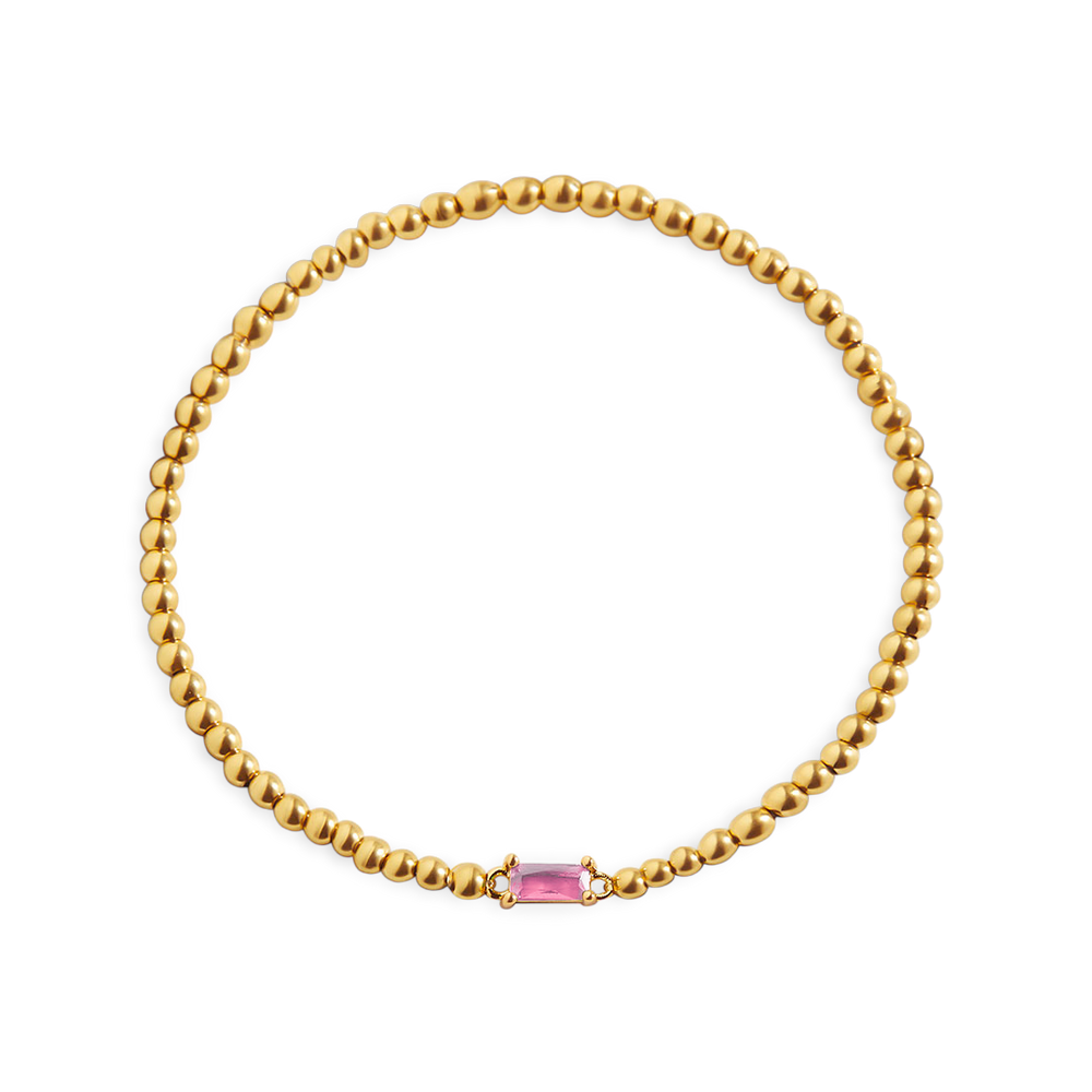 Beaded Birthstone Bracelet - 18k Gold Plated / October Pink Tourmaline / 7"