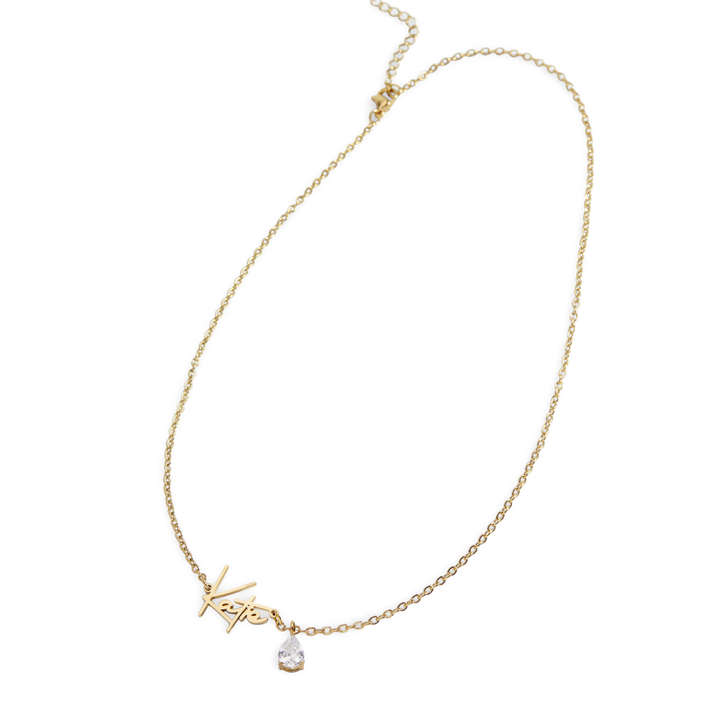 Handmade Birthstone Name Necklace - 18k Gold Over Sterling Silver / January Garnet / 18" + 2"