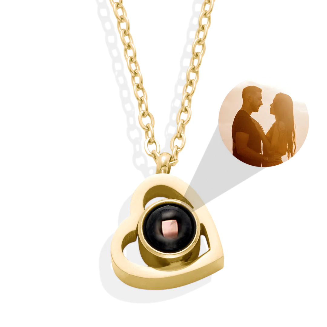 A personalized heart-shaped photo necklace with a gold cable chain and a secret photo charm inside a crystal locket