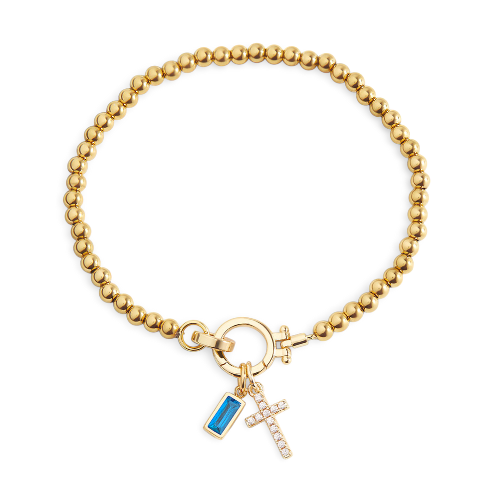 Cross Charm Birthstone Bracelet - December Blue Topaz / 7.5"
