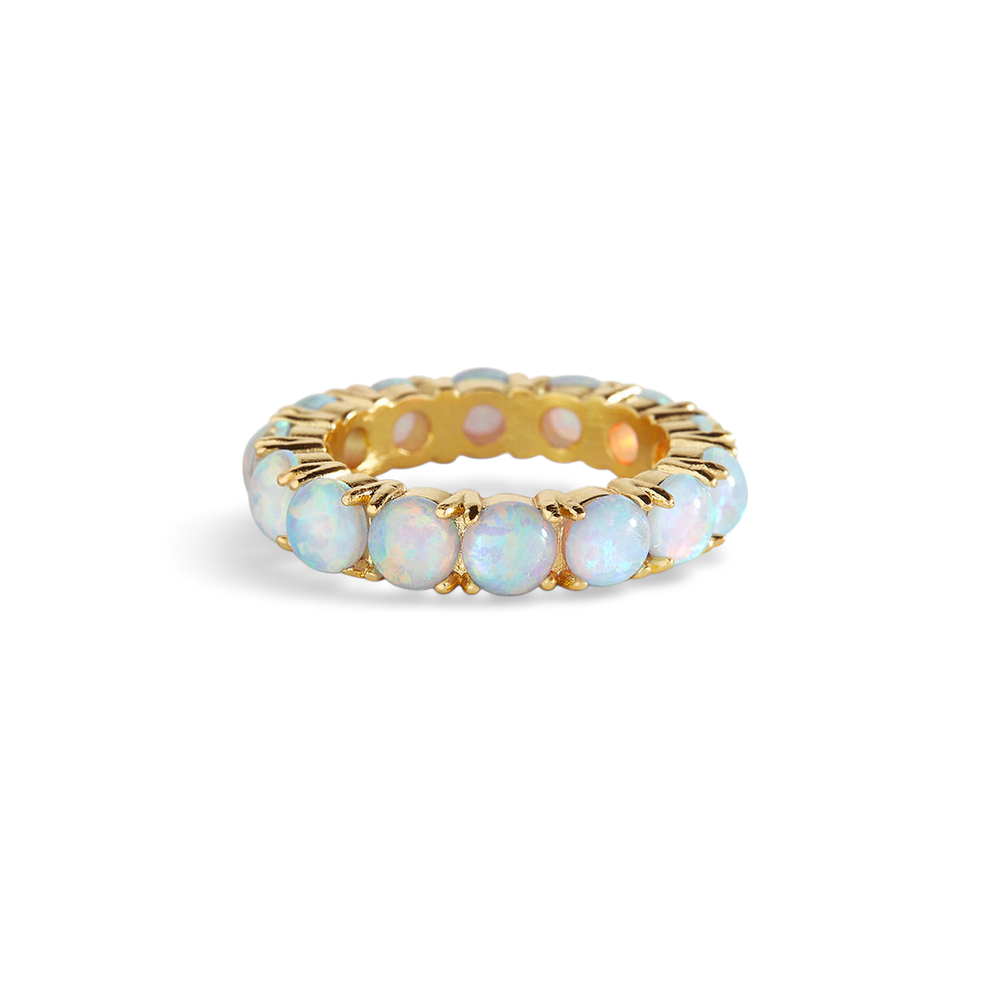 A gold-colored eternity ring featuring a series of blue opal stones set along its band.