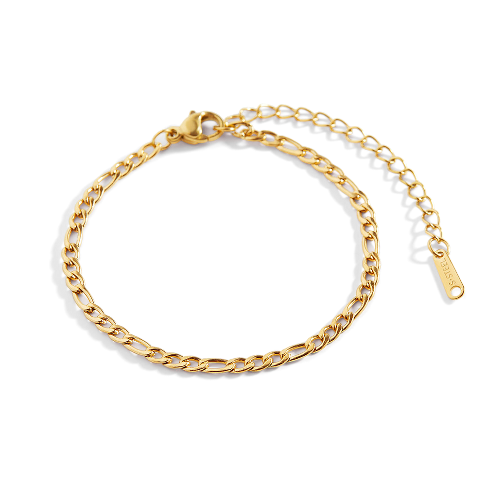 A gold-colored Figaro chain bracelet with a sleek, interwoven link design.